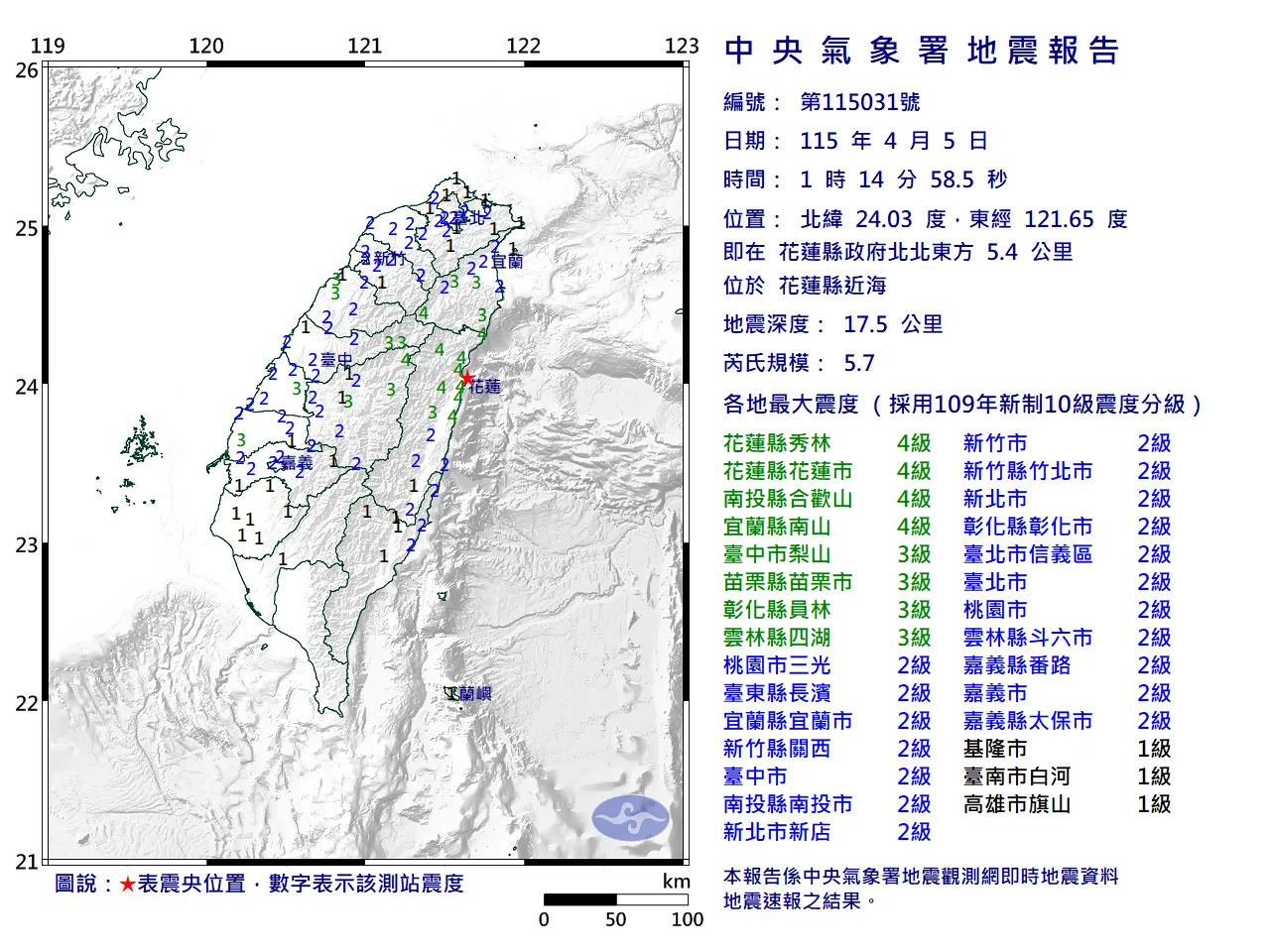國家警報響！花蓮近海01:14規模5.7極淺層地震　最大震度4級