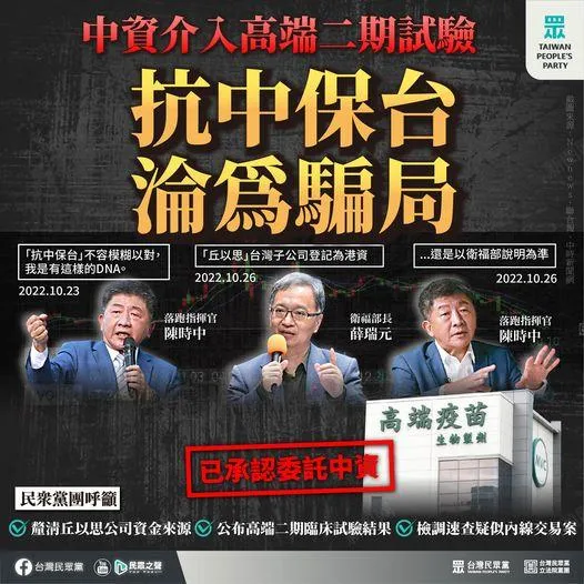 中資介入高端二期試驗　民眾黨：陳時中「抗中保台DNA」遇到利益會轉彎