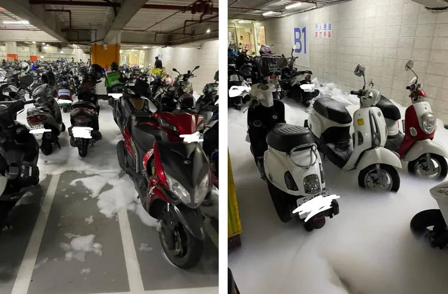 【影】泡沫大亂噴！購物中心「設備遭誤觸」　民眾虧來停車順便洗車