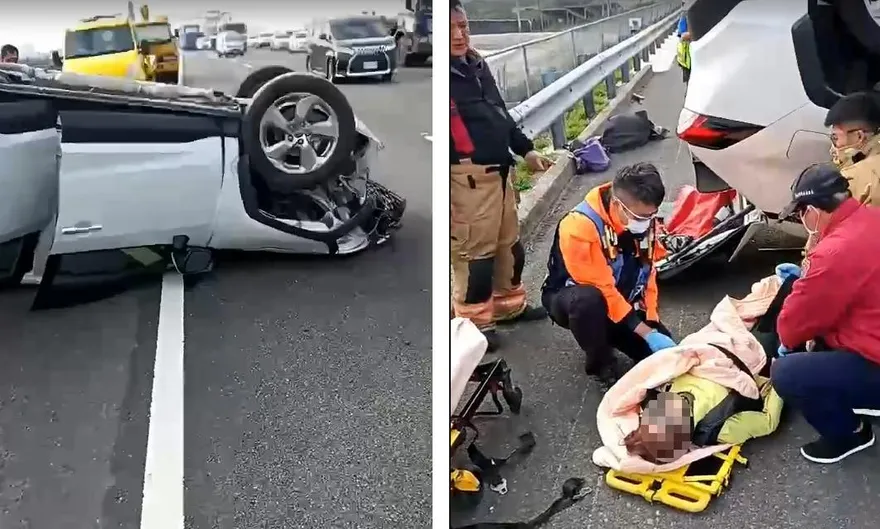 自撞護欄180度翻覆！國一台南麻豆路段塞爆　一度回堵3公里