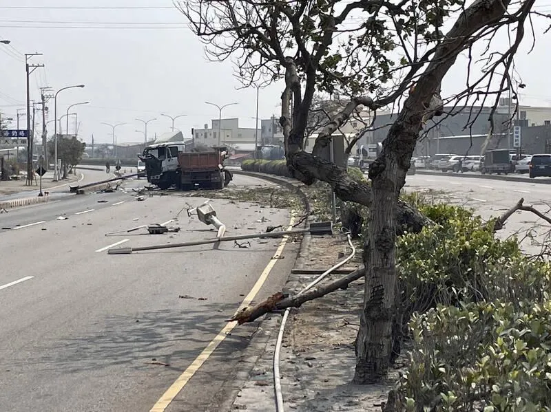 影/驚悚！砂石車失控拔路燈　現場宛如龍捲風掃過路樹橫躺
