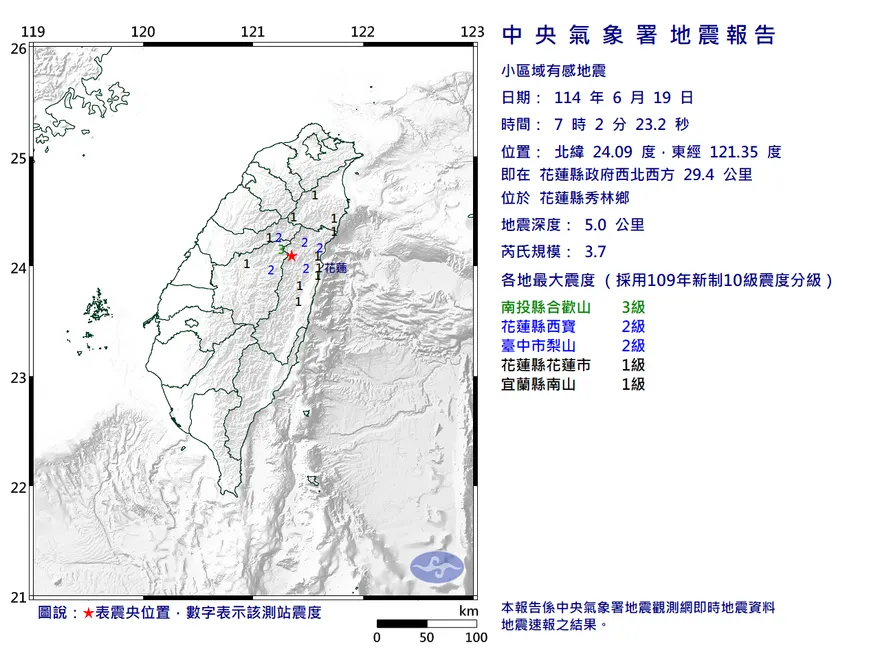 地牛起床了！花蓮秀林07:02規模3.7地震　最大震度3級