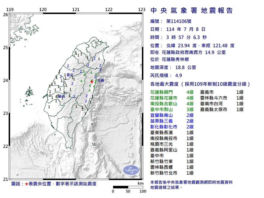 驚！花蓮秀林03:57爆規模4.9地震