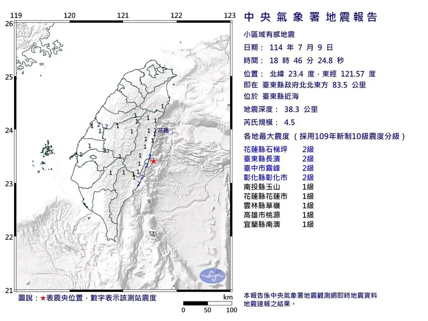 花蓮近海18:46發生規模4.5地震　最大震度2級