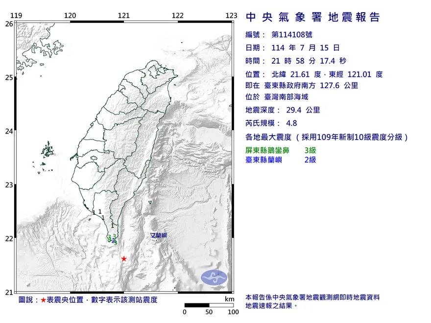 深夜地牛醒！台灣南部外海規模4.8地震　最大震度3級