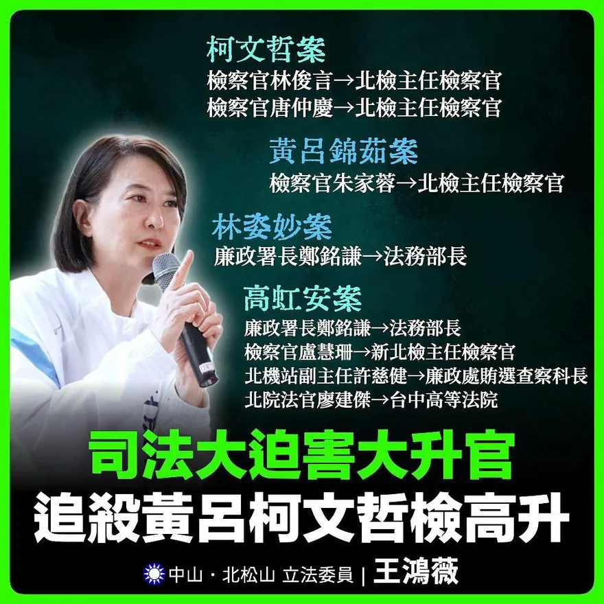 柯文哲、黃呂錦茹案檢察官全升主任！王鴻薇：大迫害大升官