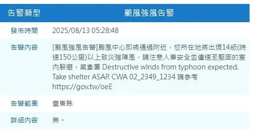 國家警報大響！楊柳颱風即將通過台東縣　恐現14級以上陣風