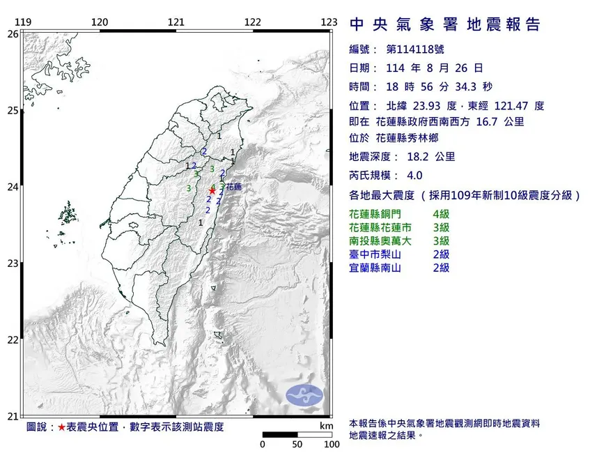 地牛翻身！花蓮秀林鄉18：56規模4.0極淺層地震　最大震度4級