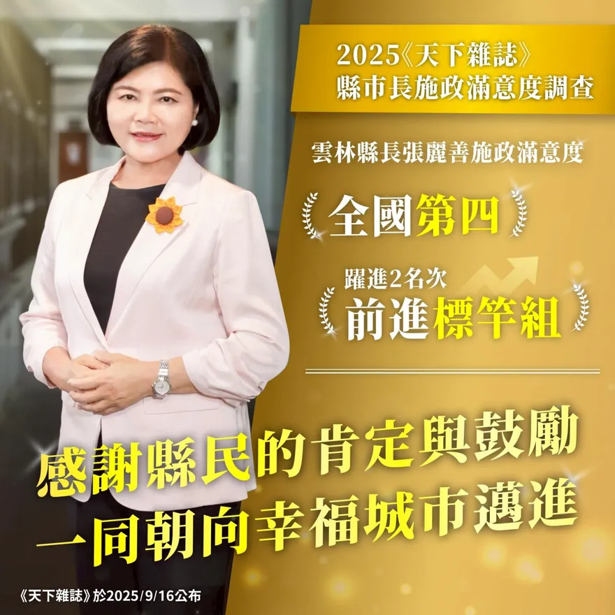 雲林縣奪2025天下雜誌「標竿首長獎」與四座城市治理優選成績斐然 展現全方位治理力