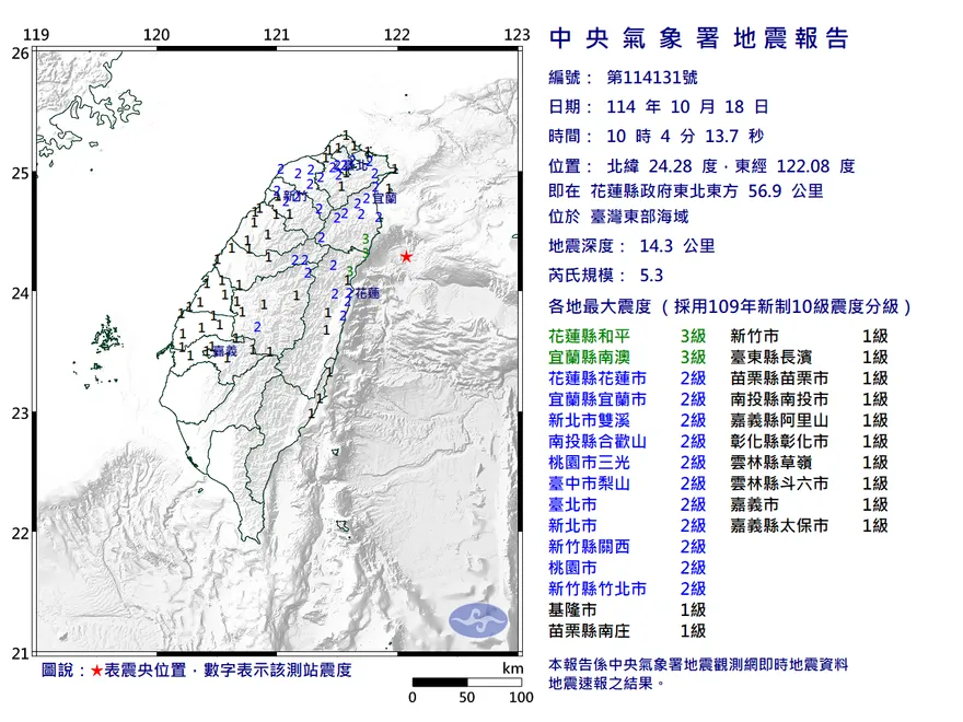 10：04東部海域規模5.3地震！北部有感狂搖