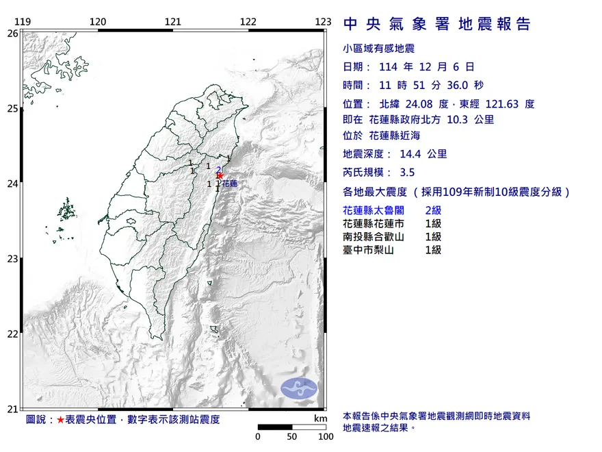 花蓮近海11:51發生規模3.5地震　最大震度2級