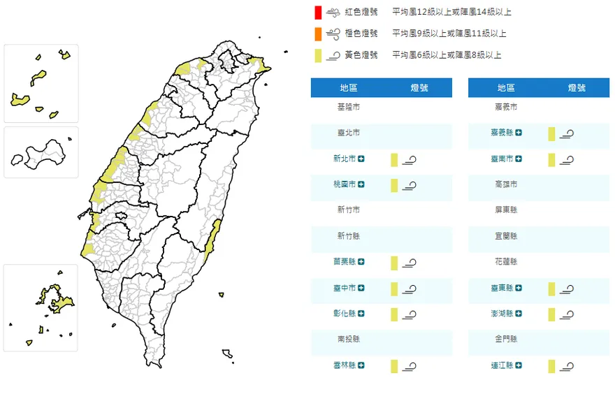 東北風增強！多縣市發布陸上強風黃色燈號警示