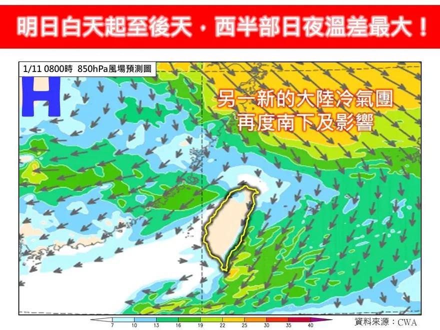 明後天西半部日夜溫差大　1/10另一波冷氣團再度南下