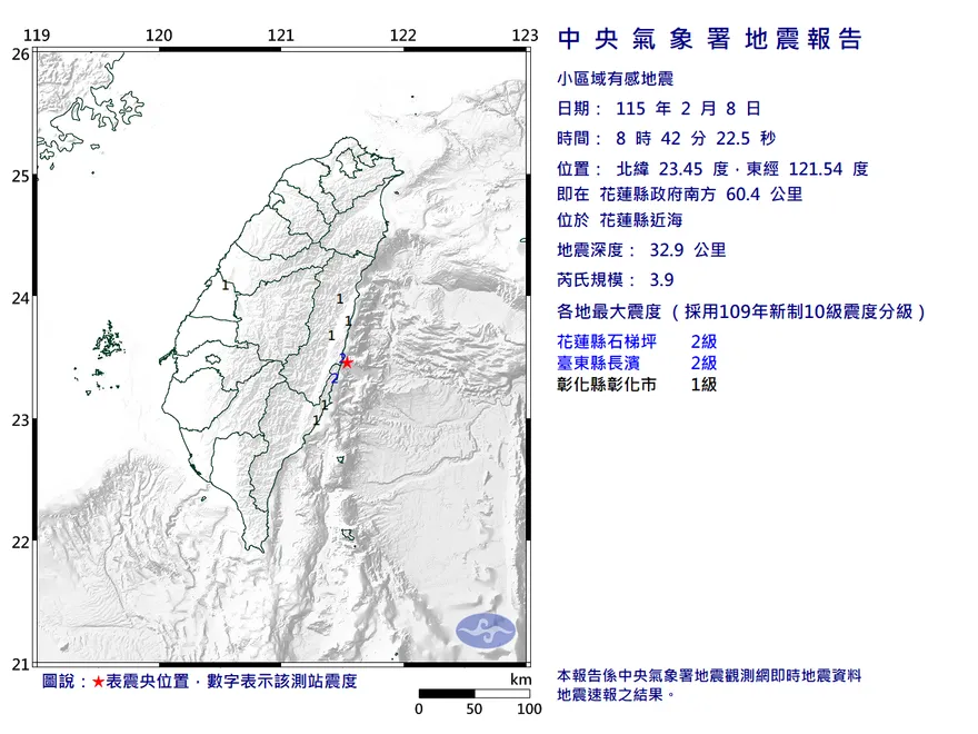 一早連2震！08:42花蓮近海規模3.9地震　最大震度2級