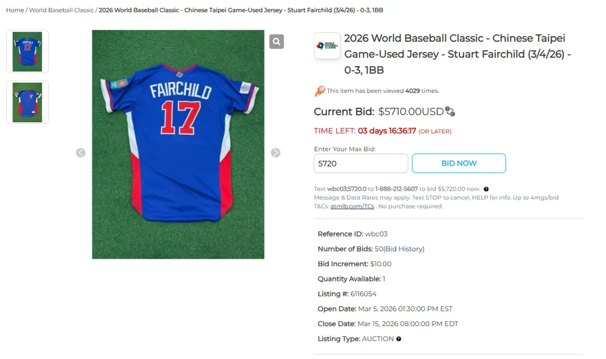 WBC/費仔人氣超夯！經典賽「實戰球衣」競標目前飆破18萬