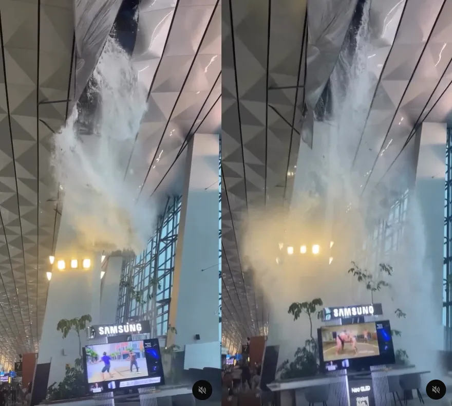 影/航廈變瀑布！雅加達機場天花板崩塌　雨水傾瀉而下旅客急躲