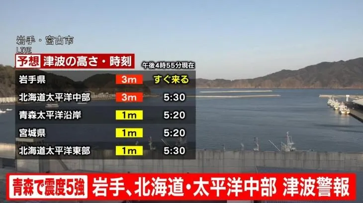 日三陸近海7.4強震青森最大震度5強　氣象廳已發布海嘯警報