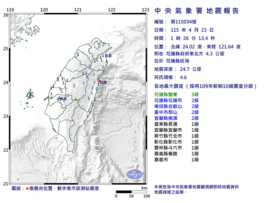 花蓮近海01:26規模4.6極淺層地震　10縣市有感