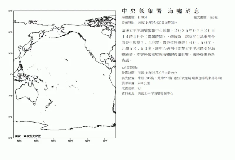 俄羅斯堪察加半島7.4強震！　氣象署發布海嘯預警