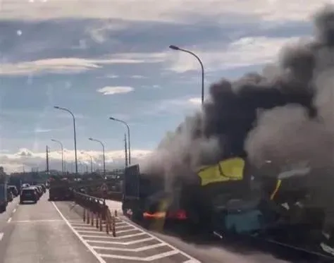 影/黑煙直竄！桃園台66線火燒車　貨車駕駛倉皇跳車驚險逃生