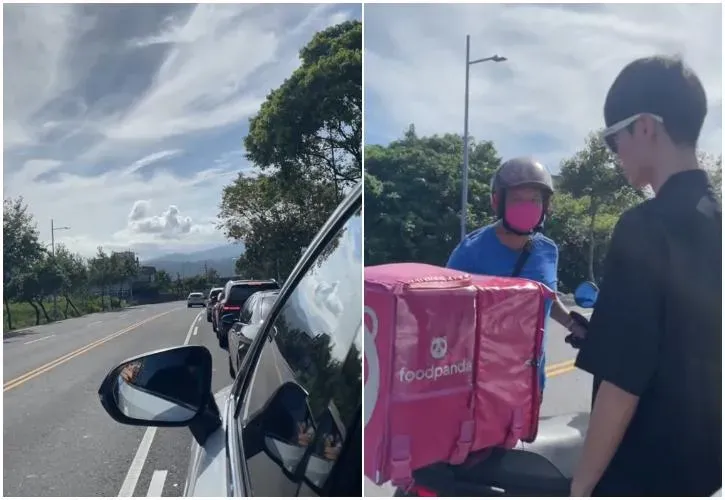 塞車動不了！肚子餓了怎麼辦？　他「叫外送」車陣中取餐