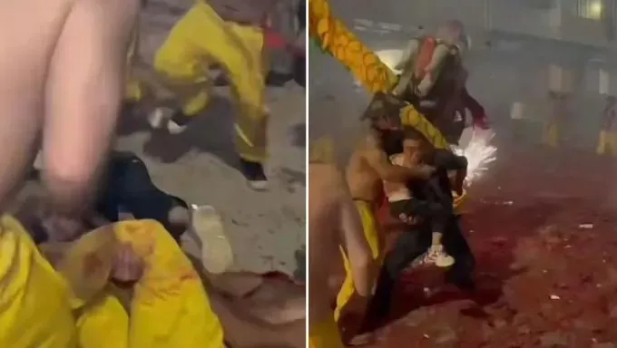 影/母湯！男抱小孩衝進舞龍隊扯龍鬚　「褻瀆民俗」慘遭護龍壯漢圍毆