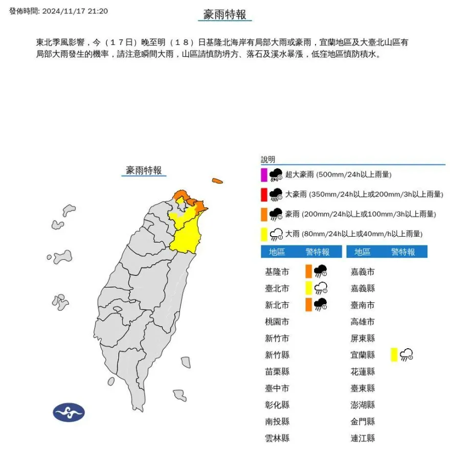 東北季風發威！4縣市豪大雨特報　雨彈狂炸警戒區域曝