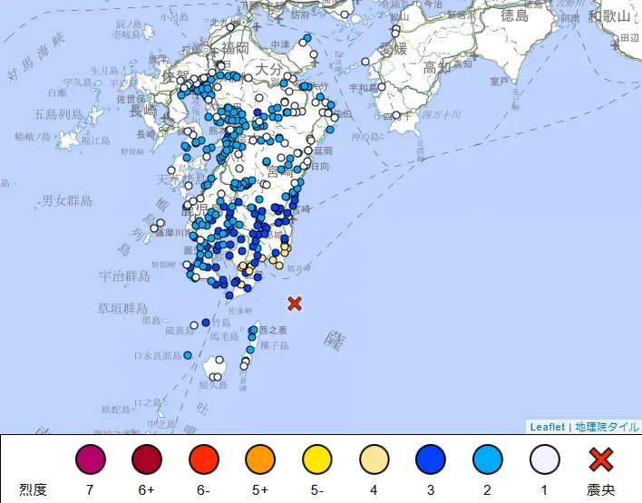 日本九州近海22:04爆規模6地震！宮崎縣、鹿兒島縣最大震度4級