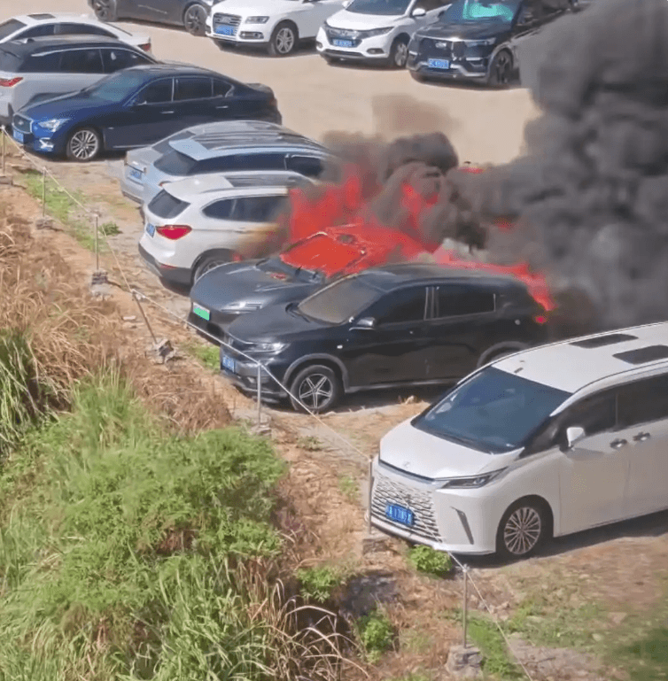 剛買1個多月！陸電動車突自燃狂燒　周圍7車遭殃燒到剩骨架